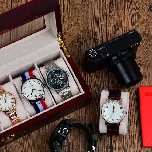 Vista 4 de ywduoying Caja de reloj de madera con 6 ranuras anchas para relojes de madera organizador de almacenamiento caja de reloj vintage roja para hombre