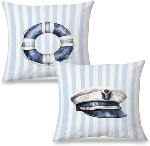 Vista 10 de Fundas de almohada costeras de langosta, fundas de almohada náuticas de langosta roja de Nueva Inglaterra con rayas azules y blancas para casa