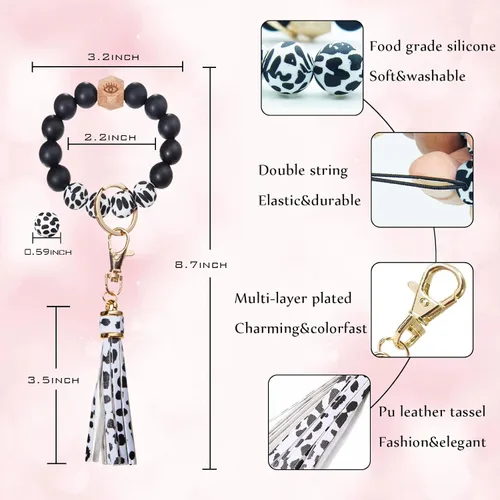 Vista 2 de BAOSIWA Pulsera de cuentas de silicona con llavero de pulsera para mujer con borla de cuero