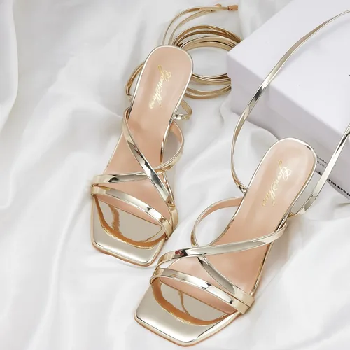 Vista 3 de GENSHUO Sandalias de tacón para mujer con tiras y cordones de tacón alto, sandalias de punta cuadrada, sandalias de tacón para fiestas, bailes