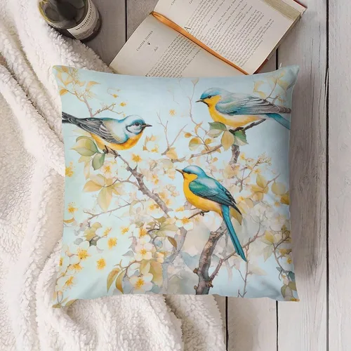 Vista 4 de Fundas de almohada decorativas de terciopelo de doble cara de 18 x 18 pulgadas, diseño de ramas de pájaros, para dormitorio, sala de estar