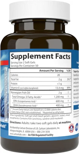 Vista 2 de Carlson Super Omega-3 Gemas, noruego, 1,200 mg de Omega-3, 100 geles blandos