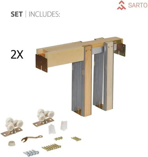 Vista 4 de Puertas correderas grises de doble bolsillo de 48 x 80 pulgadas con tiras Planum 0020 Ginger Ash Marcos de molduras Puerta resistente