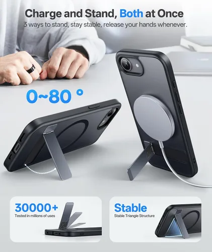 Vista 3 de Funda para iPhone 16e, Compatible con MagSafe y Soporte Integrado, Caída de Grado Militar, Mate Rugoso Resistente a Golpes Translúcido de Metal