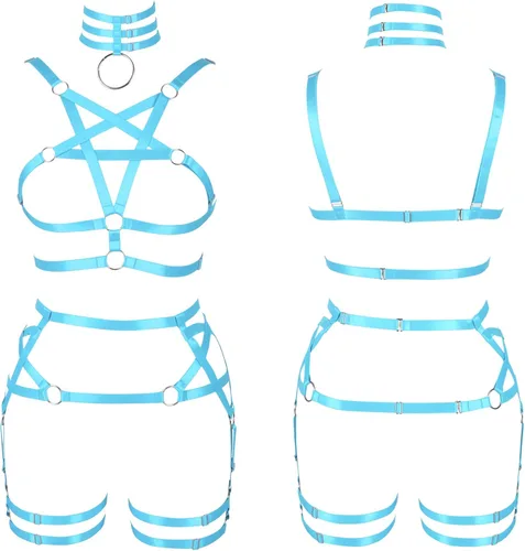 Vista 2 de Conjunto de liguero de pentagrama para mujer, con arnés para el cuerpo, estilo punk, gótico, carnaval, Halloween, elástico, ajustable, disfraz