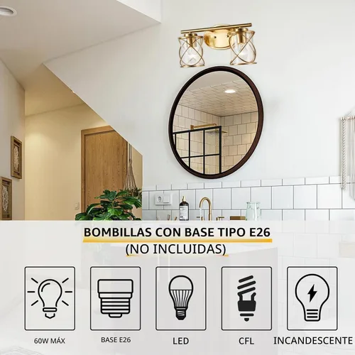 Vista 6 de mavcadonf Luces de Tocador de Baño de 2 Luces, Lámparas de Baño sobre el Espejo, Luz de Tocador Dorado Cepillado, Luces de Pared de Estilo Rústico