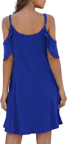 Vista 4 de Jouica Vestido de verano casual con tirantes delgados para mujer, hombros descubiertos, mangas con volantes y bolsillo