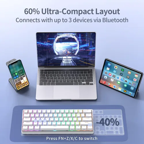 Vista 7 de KEMOVE Snowfox DK61 60% Wireless Mechanical Gaming Keyboard, 2.4GType-CBluetooth 5.0 Gateron G Pro Blue Switch RGB Backlit 61 Keys Mini Keyboard