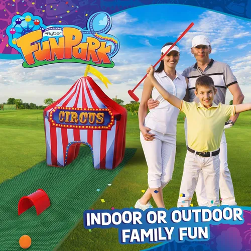 Vista 5 de FunPark - Juego de minigolf inflable – Campo de 13 piezas con palos ajustables, pelotas, copas de putting, tapetes verdes y obstáculos temáticos