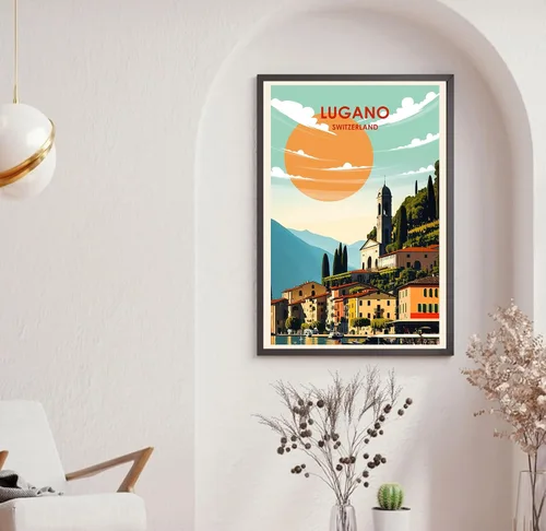 Vista 2 de Cartel de Lugano Suiza, Cartel de Lugano, Impresión de Lugano, Arte de ilustración, póster abstracto, póster de viaje, decoración de pared