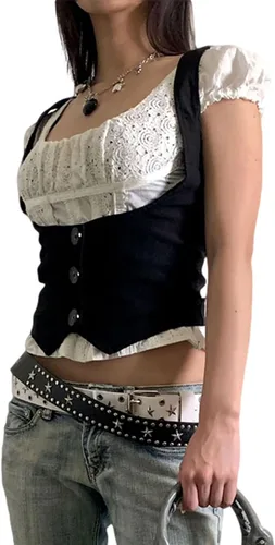 Vista 4 de Chaleco punk de vaqueras para mujer, ajuste delgado, halter, cuello en V, esmoquin, trajes versátiles, Vintgae Y2K Streetwear