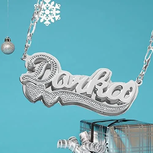 Vista 6 de Drawelry Collar con nombre personalizado de dos tonos con placa de oro de 18 quilates, chapado en doble corazón, placa con dije de placa de nombre