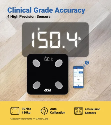 Vista 4 de A&D Medical Báscula inteligente para peso corporal, UC-450BLE, báscula de grasa corporal Bluetooth con IMC, composición corporal, báscula digital