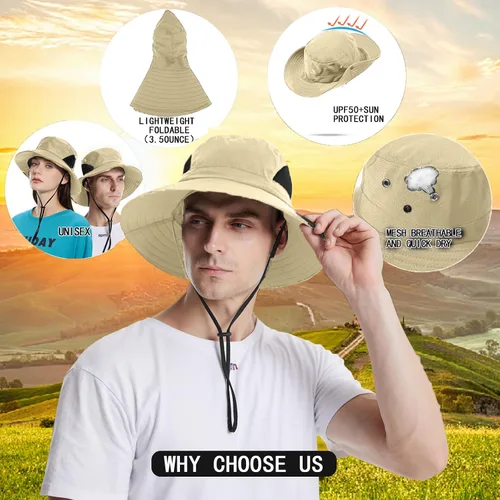 Vista 2 de Sombrero de sol para hombres y mujeres, protección UPF 50+ de ala ancha, sombrero Boonie para hombres y mujeres (20.8 pies a 23.2 pies)