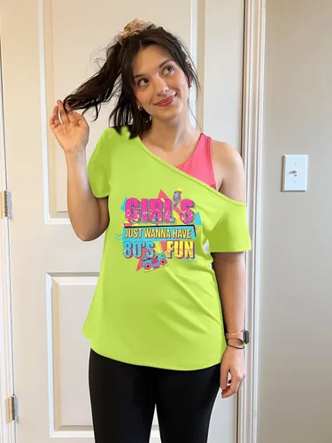 Vista 2 de Traje de los años 90 y 80 para mujer, camiseta de discoteca de fiesta temática de los años 80, tops con hombros descubiertos, parte superior vintage