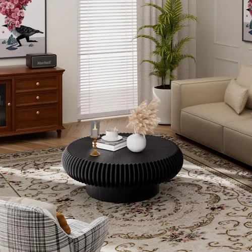 Vista 7 de Mesa de centro de tambor de 31.5 pulgadas, moderna y única, mesa de té acanalada, mesa de centro redonda de madera contemporánea con mesa central