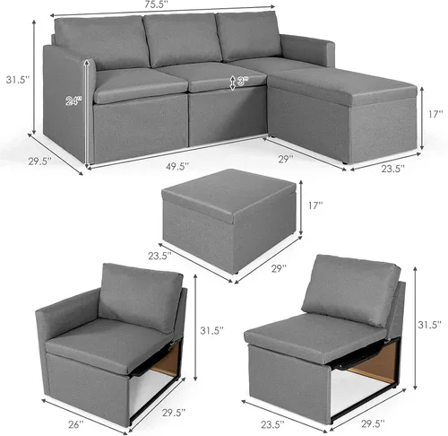 Vista 2 de POWERSTONE Sofá seccional convertible moderno en forma de L con tumbona reversible de 3 asientos, cómodo sofá de tela de lino para sala de estar