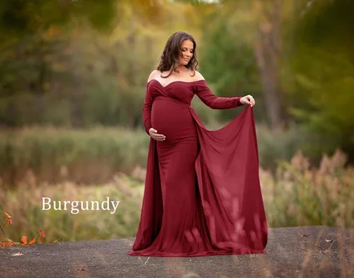 Vista 7 de ZIUMUDY Vestido de maternidad de manga larga con hombros descubiertos, vestido de gasa para sesión de fotos, baby shower