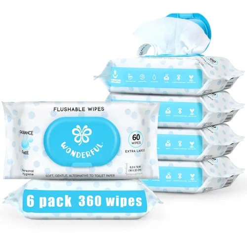 Vista 11 de Toallitas WONDERFUL desechables para glúteos, toallitas húmedas 100% a base de plantas sin aroma para adultos y niños, seguro para alcantarillas