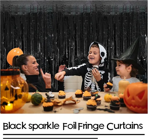 Vista 5 de Cortina de oropel con flecos negra para decoración de fiesta de cumpleaños, 2 paquetes, cortina de fiesta con purpurina, decoraciones de fiesta