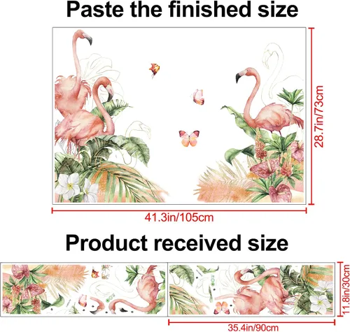 Vista 2 de RW-C328 Calcomanías de pared de flamenco rosa, plantas verdes tropicales, flores, calcomanías de pared para bricolaje, flamenco, floral, mariposa