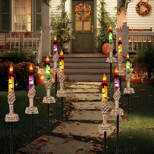 Vista 2 de Hourleey Decoraciones de Halloween, paquete de 10 velas de calavera con estacas, funciona con pilas, impermeable, decoración de camino