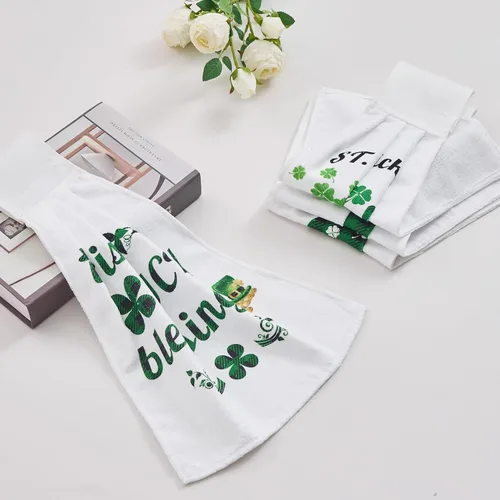 Vista 2 de Toallas Colgantes de Trébol del Día de San Patricio para Cocina Juego de 4 Toallas de Mano con Lazo para Decoración de Cocina y Baño, Tréboles