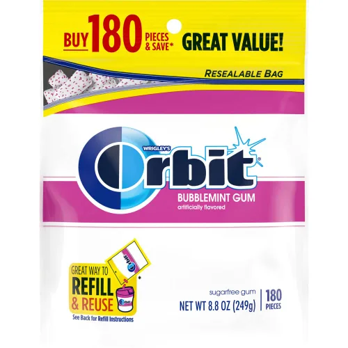 Vista 3 de ORBIT Goma de mascar Bubblemint sin azúcar a granel, bolsa resellable de 180 piezas, goma de mascar a granel Bubblemint sugar free gum in a