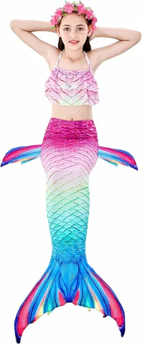 Vista 2 de Colas de sirena para nadar para niñas, 5 piezas, conjunto de traje de baño de bikini de 4 a 13 años
