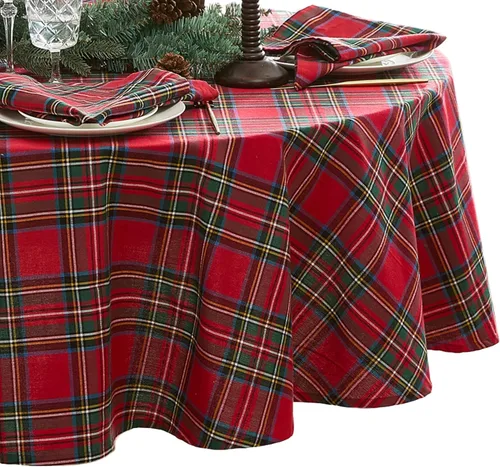 Vista 9 de Elrene Home Fashions - Mantel redondo de Navidad con tartán de Stowe, estampado navideño de Navidad/Invierno de algodón, 177,8 cm x 177,8 cm, verde