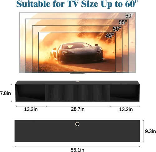 Vista 2 de Soporte de TV flotante de 55 pulgadas con luz LED, soporte de TV flotante montado en la pared, centro de entretenimiento flotante con almacenamiento