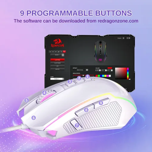 Vista 5 de Redragon Ratón para juegos, mouse blanco con cable con retroiluminación RGB, 8000 DPI ajustable, ratones para juegos de PC con 9 botones macro