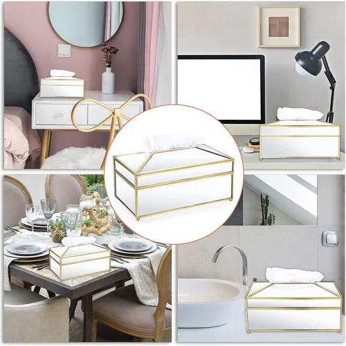 Vista 5 de Sumnacon Caja de pañuelos rectangular con espejo, soporte para caja de pañuelos de vidrio dorado, elegante funda de pañuelos para baño, inodoro