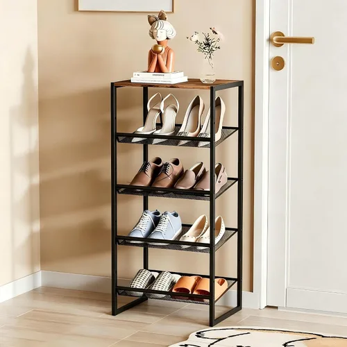 Vista 13 de Garden 4 you Zapatero estrecho de 3 niveles para armario, zapatero pequeño con mesa de madera marrón, estante de zapatos de metal ajustable