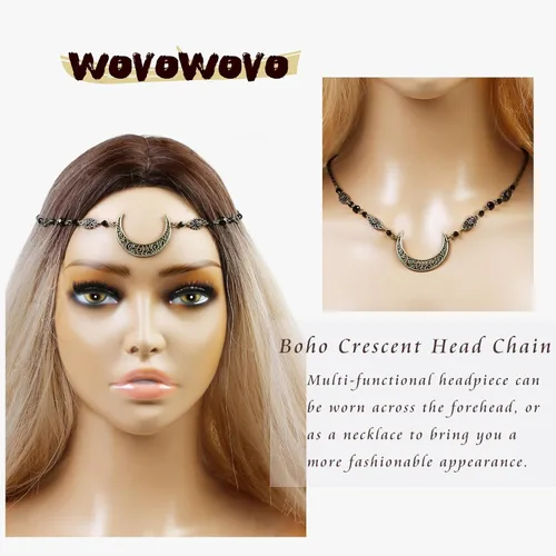 Vista 6 de WOVOWOVO Cadena de cabeza de luna creciente bohemia para mujeres y niñas, de cristal, Halloween, cosplay, diadema para la frente, cadenas circulares