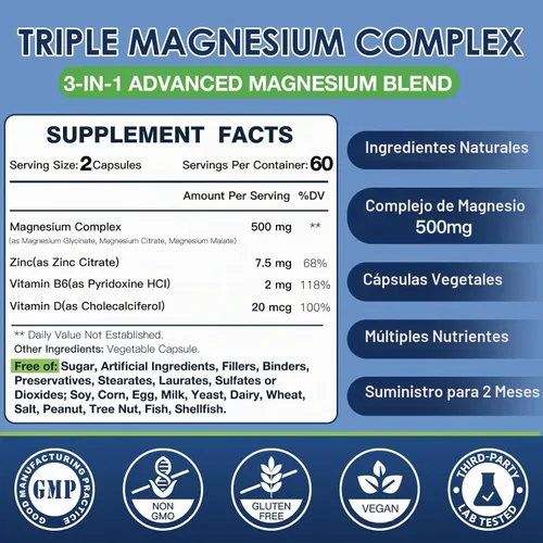 Vista 5 de DRFOSTER Complejo Triple Magnesio 500mg con Zinc, 120 Cápsulas