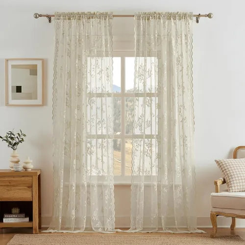 Vista 55 de Cortinas de encaje beige, juego de 2 paneles de cortinas traslúcidas con bolsillo para cortinero, decoración de ventana pequeña, baño, sótano