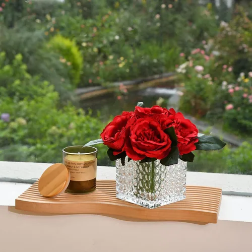 Vista 3 de Ramo de Peonías de Seda Artificial con Centro de Mesa Floral Artificial en Florero de Vidrio para Decoración de Boda en el Hogar (Rojo)