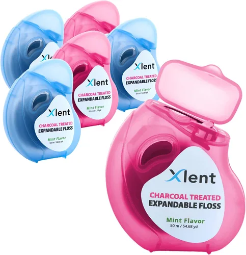 Vista 5 de Xlent Carbón activado expandible tratado con hilo dental, cera natural a base de plantas de xilitol en sabor a canela, paquete de 2