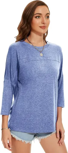 Vista 39 de ZENNILO Camisetas casuales de manga 3/4 para mujer, holgadas, cuello redondo, lindas camisetas básicas