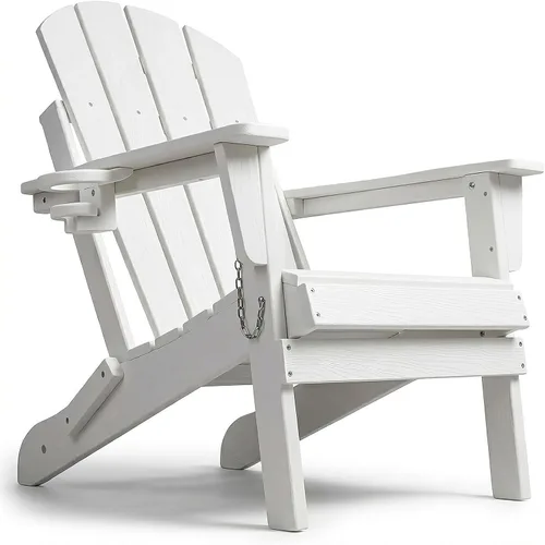 Vista 21 de Silla Adirondack plegable de HDPE, silla de patio al aire libre con soporte para tazas, silla de césped de grano de madera resistente a