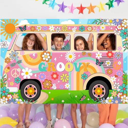 Vista 4 de Decoraciones de fiesta hippie Groovy Bus Banner de los años 60, telón de fondo de margarita, recortado de la cara de los años 60, accesorios