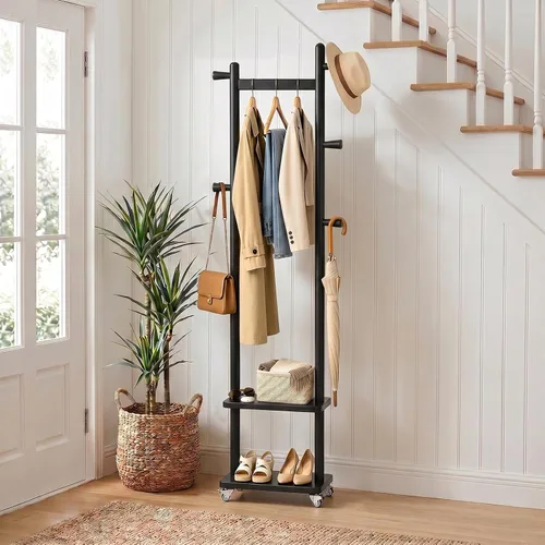 Vista 8 de Estante de abrigos de madera maciza independiente con ruedas y 2 estantes de almacenamiento y 5 ganchos, estante de ropa resistente, árbol
