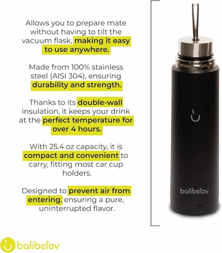 Vista 6 de BALIBETOV - Botella de yerba mate autoservable de 25 onzas, vaso de acero inoxidable aislado al vacío con doble boquilla, cafetera todo en uno a