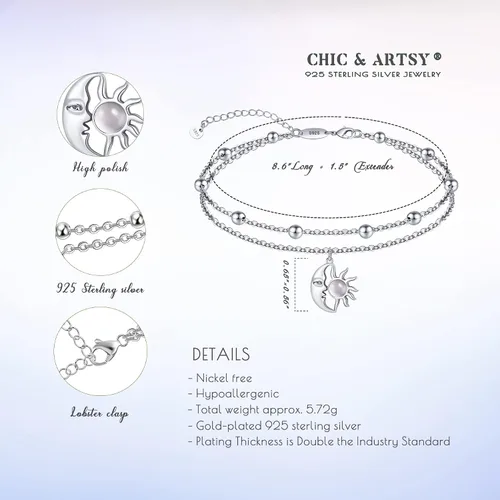 Vista 32 de CHIC & ARTSY Tobilleras de plata de ley S925 para mujer, pulsera de tobillo ajustable multicapa para playa, joyería de verano para mujer, de 10 a 11