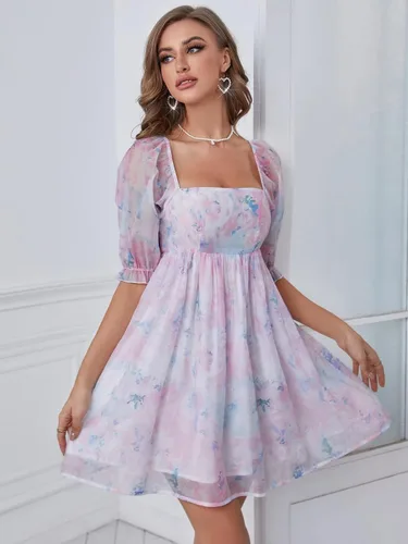 Vista 3 de WDIRARA Vestido de organza con estampado floral y cuello cuadrado y manga abombada para mujer