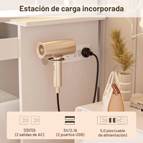 Vista 5 de Mesa de tocador ALEAVIC con espejo y luces LED, juego de tocador de maquillaje con toma de corriente y taburete, almacenamiento para joyas, mesa