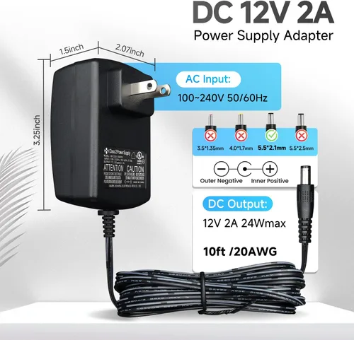 Vista 3 de Adaptador de fuente de alimentación de 12 V, 2 A, 10 pies, CA a CC 24 W, 2000 mA, 1500 mA, 1000 mA, 500 mA, cable de alimentación de repuesto