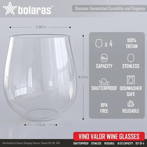 Vista 4 de Bolaras Vino Valor - Juego de 4 copas de vino, irrompibles, sin tallo, 16 onzas, plástico Tritan, sin BPA, reutilizables, aptas para lavavajillas