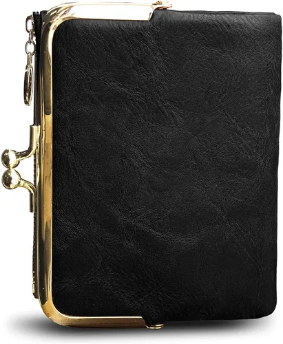 Vista 4 de Cartera para mujer pequeña plegable Rfid Mini monedero vintage con cremallera y cierre de beso (negro)